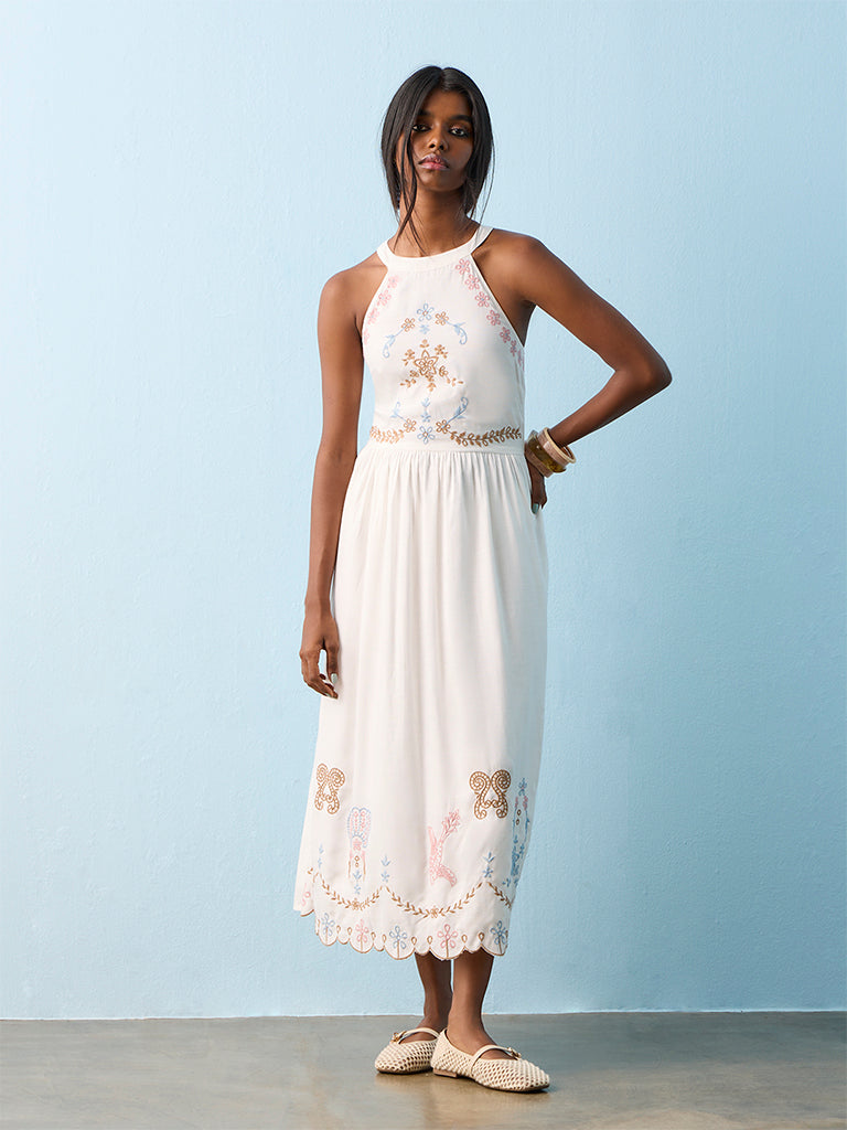 Bombay Paisley White Embroidered A-Line Dress