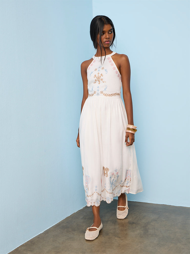Bombay Paisley White Embroidered A-Line Dress