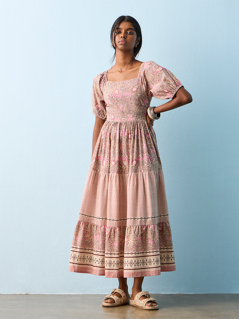 Bombay Paisley Multicolor Foliage Printed Cotton Tiered Dress