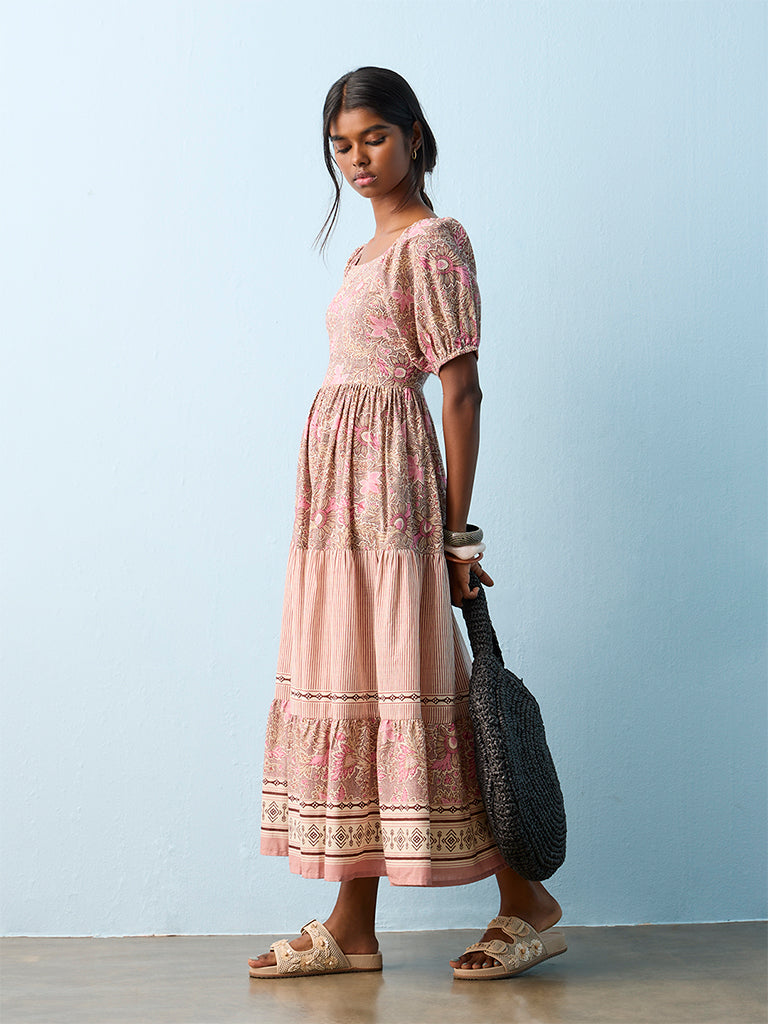 Bombay Paisley Multicolor Foliage Printed Cotton Tiered Dress