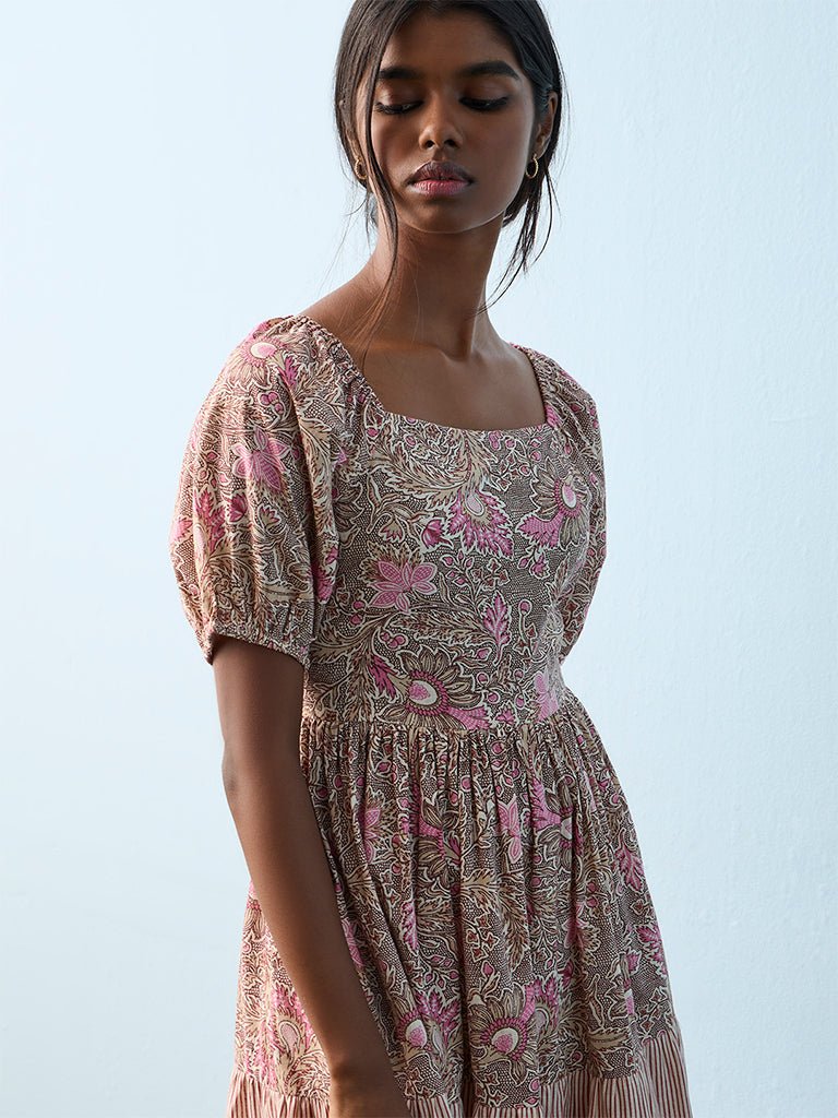 Bombay Paisley Multicolor Foliage Printed Cotton Tiered Dress