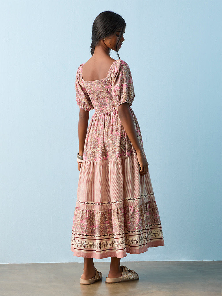 Bombay Paisley Multicolor Foliage Printed Cotton Tiered Dress