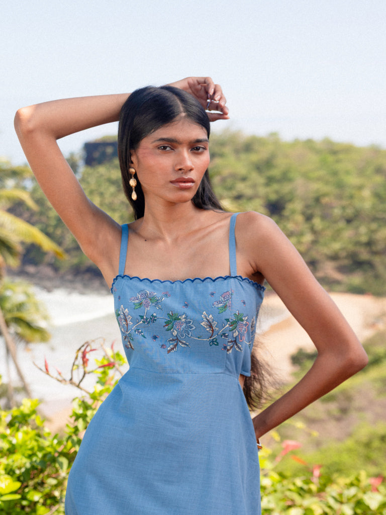 Bombay Paisley Blue Foliage Printed Cotton A-Line Dress
