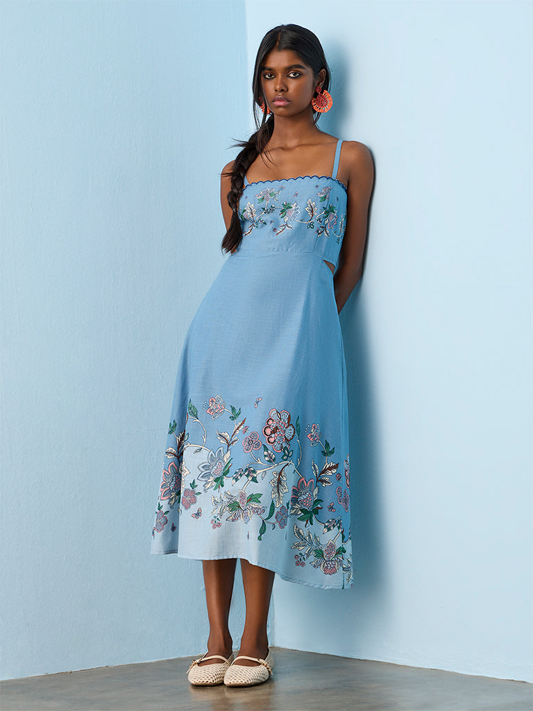Bombay Paisley Blue Foliage Printed Cotton A-Line Dress