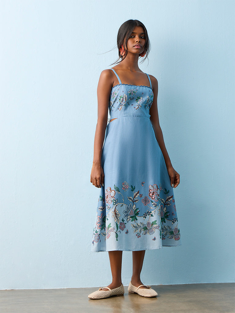 Bombay Paisley Blue Foliage Printed Cotton A-Line Dress