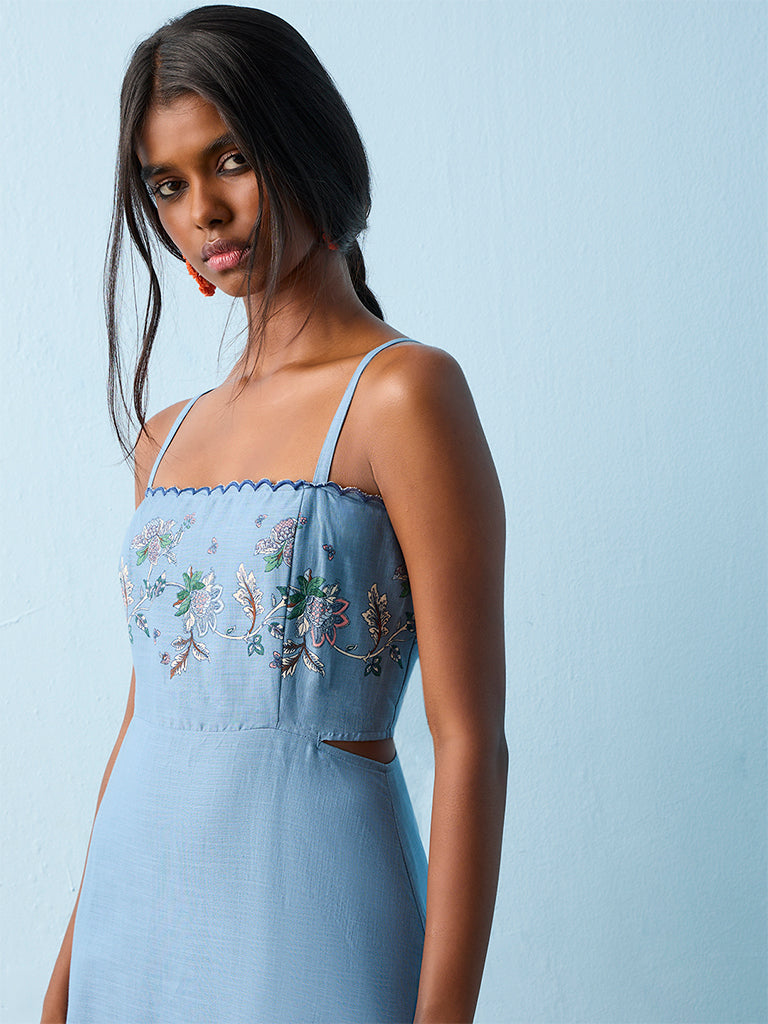 Bombay Paisley Blue Foliage Printed Cotton A-Line Dress