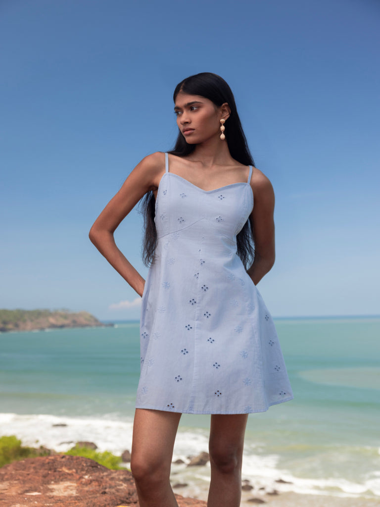 Bombay Paisley Blue Schiffli Embroidered Cotton A-Line Dress