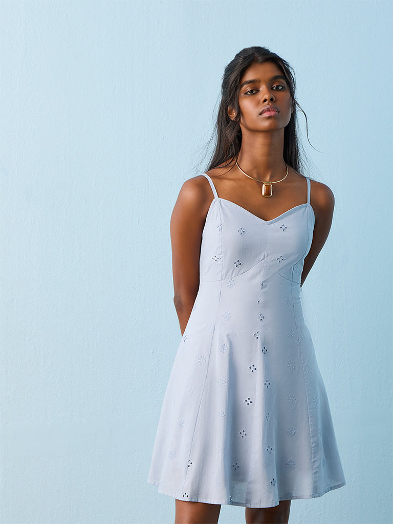 Bombay Paisley Blue Schiffli Embroidered Cotton A-Line Dress