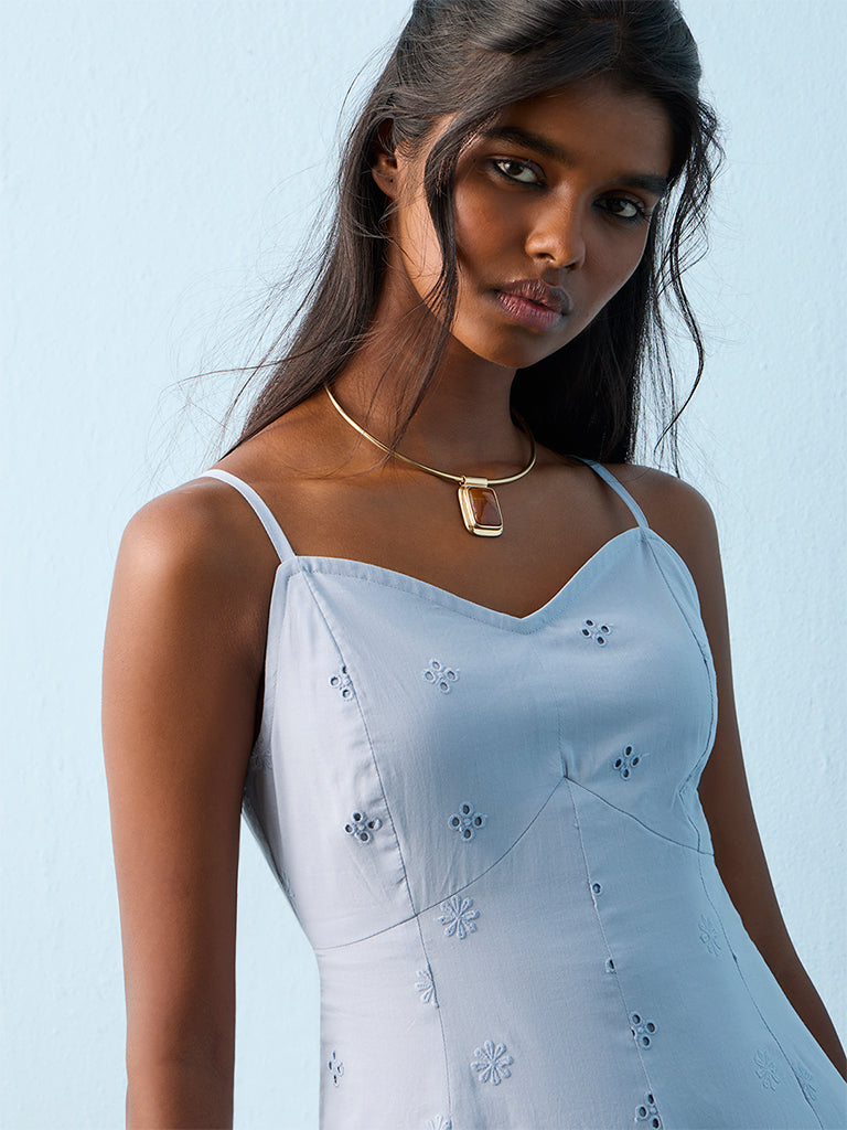 Bombay Paisley Blue Schiffli Embroidered Cotton A-Line Dress