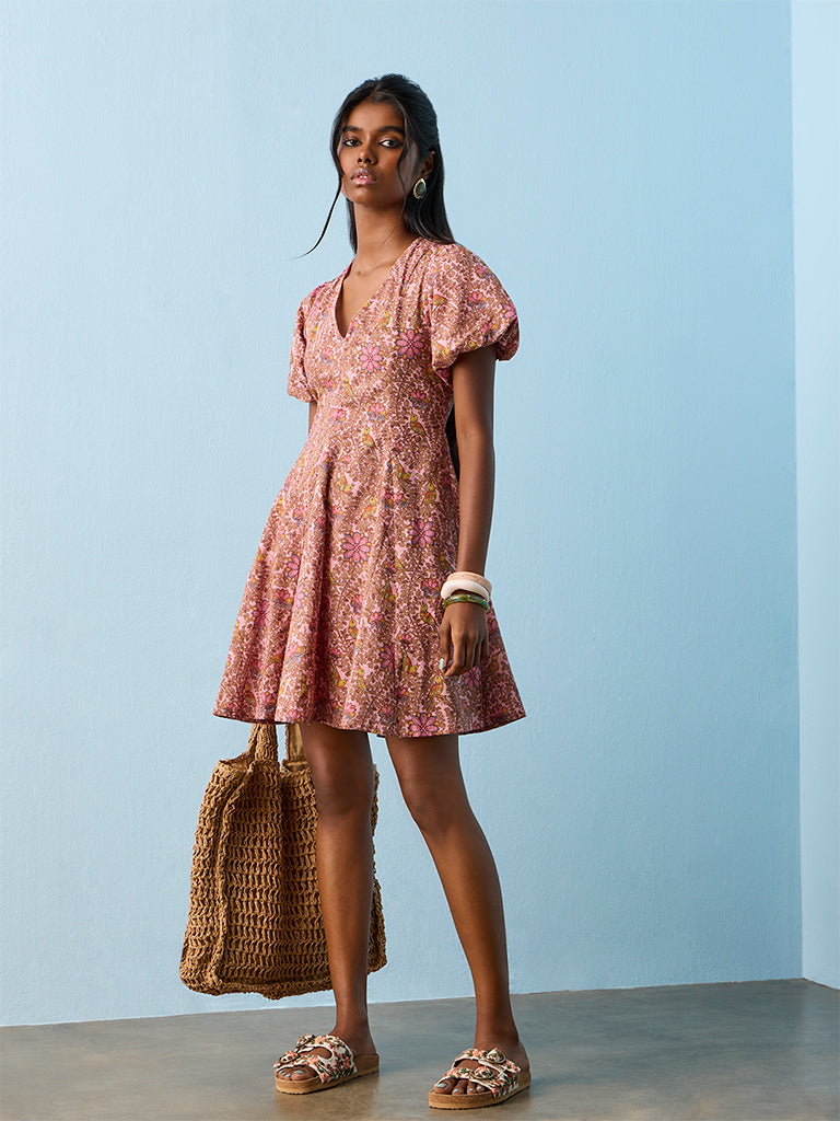 Bombay Paisley Pink Nature-Inspired Cotton A-Line Dress