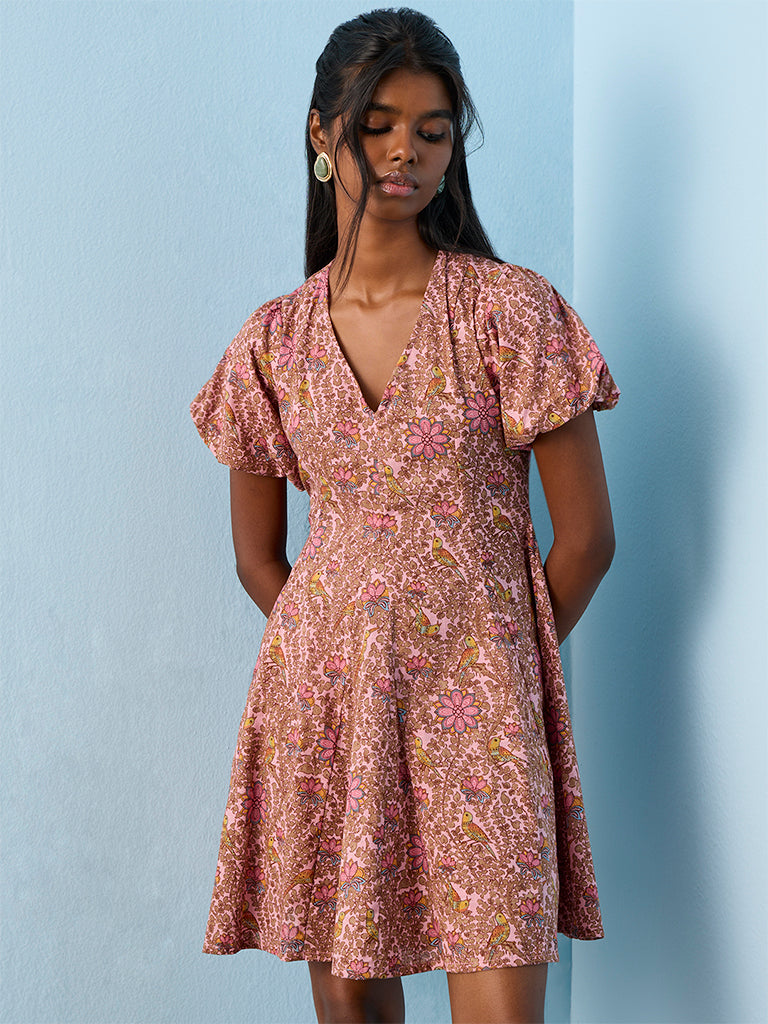 Bombay Paisley Pink Nature-Inspired Cotton A-Line Dress