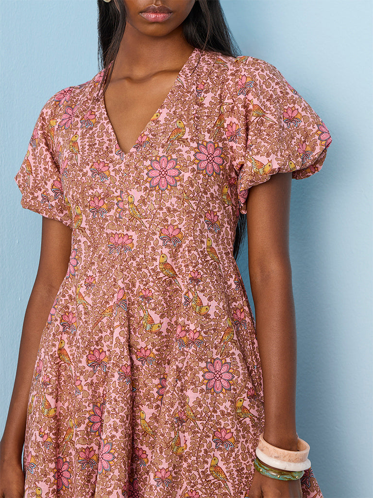 Bombay Paisley Pink Nature-Inspired Cotton A-Line Dress
