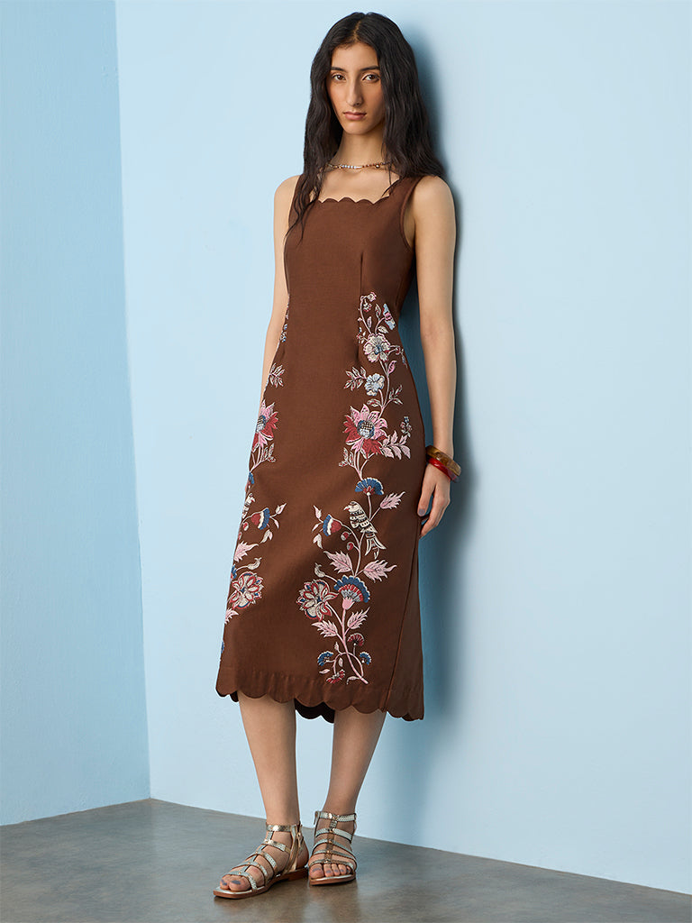 Bombay Paisley Brown Floral Pattern Cotton-Blend Straight Dress