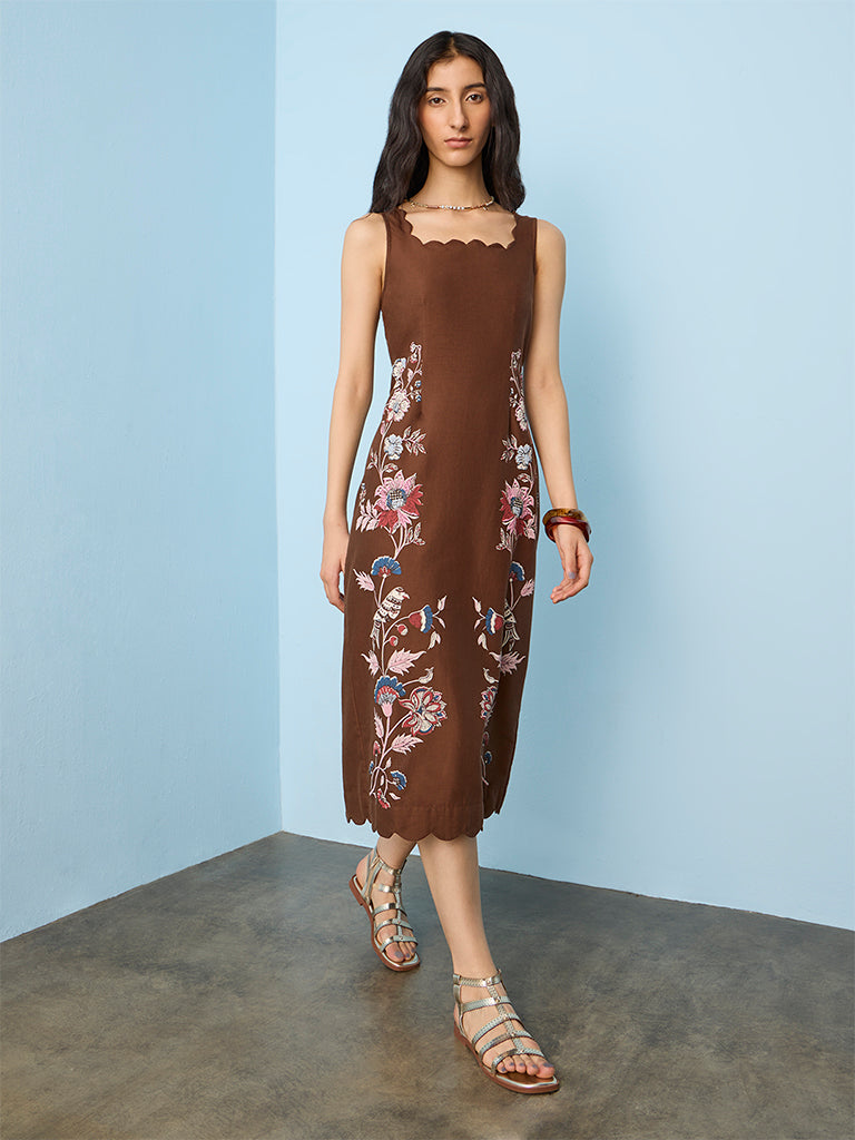 Bombay Paisley Brown Floral Pattern Cotton-Blend Straight Dress