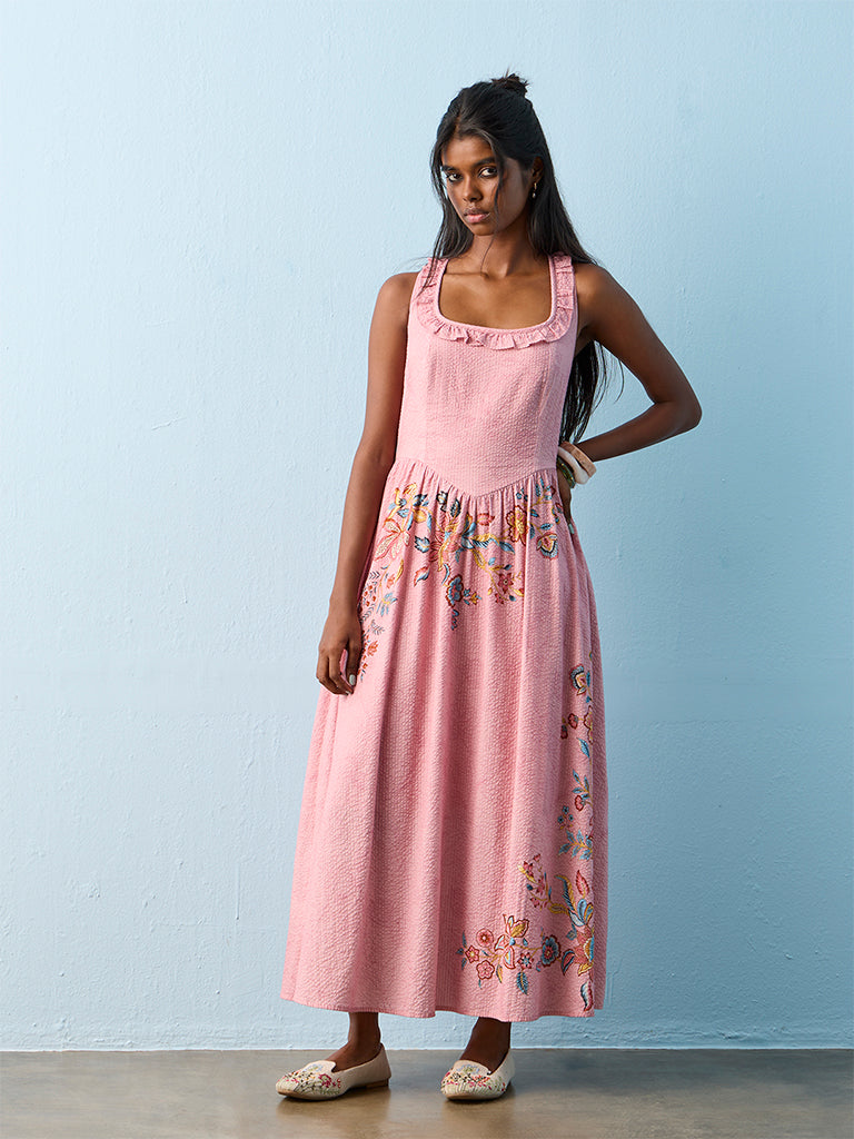 Bombay Paisley Pink Floral Printed Cotton A-Line Dress