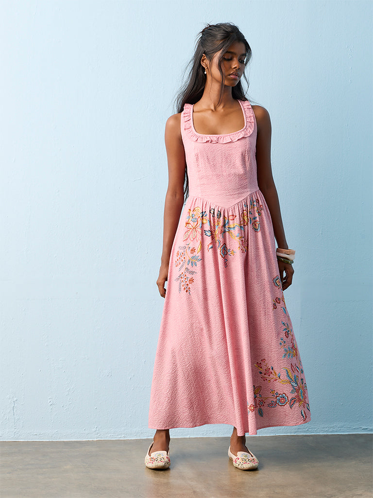Bombay Paisley Pink Floral Printed Cotton A-Line Dress