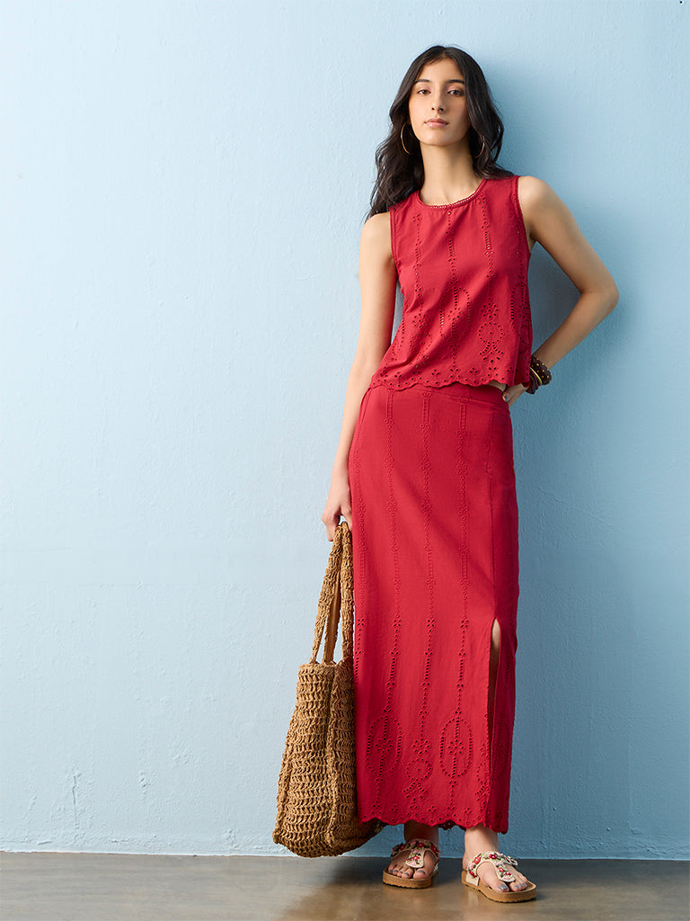 Bombay Paisley Red Schiffli Cotton Top