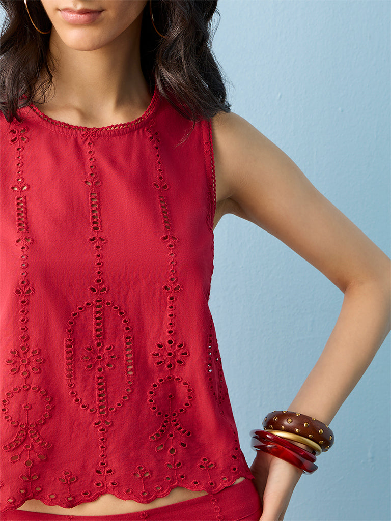Bombay Paisley Red Schiffli Cotton Top