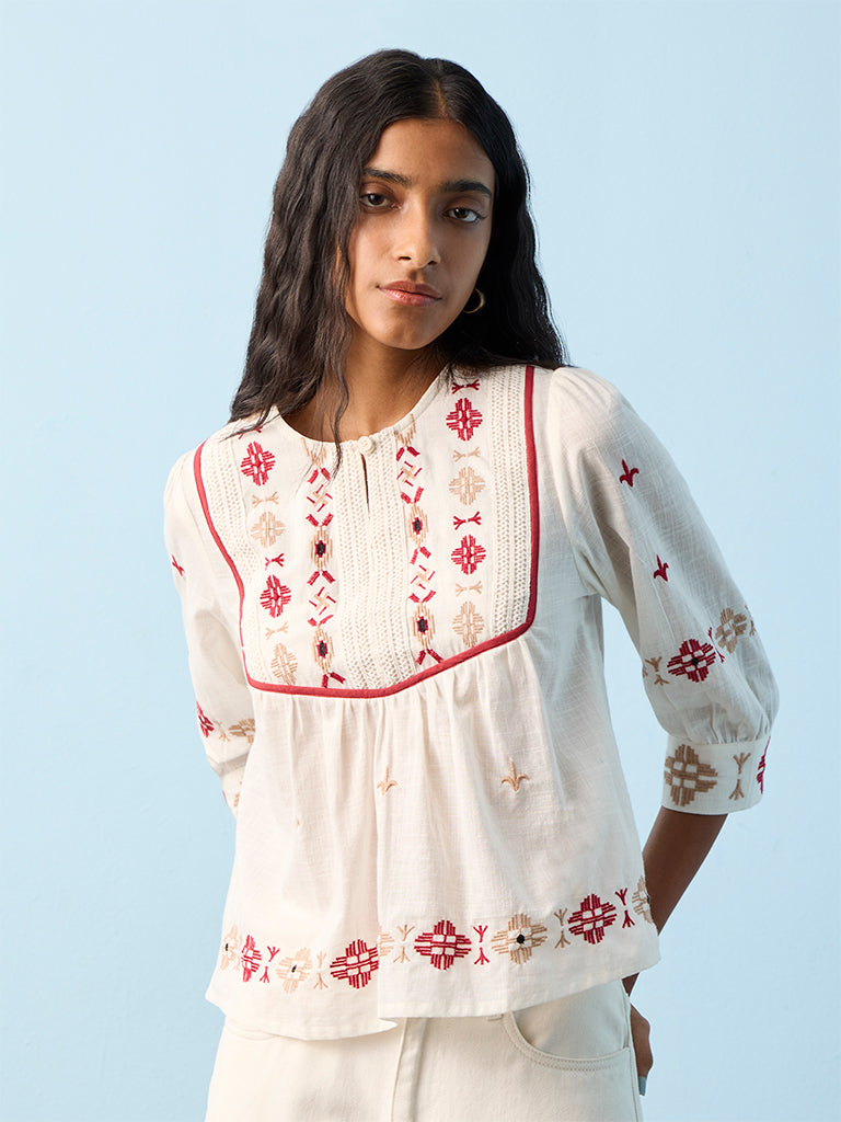 Bombay Paisley Off-White Embroidered Cotton Blouse