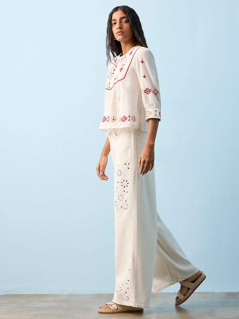Bombay Paisley Off-White Embroidered Cotton Blouse
