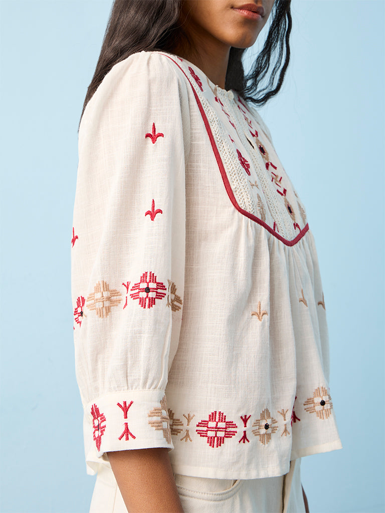 Bombay Paisley Off-White Embroidered Cotton Blouse