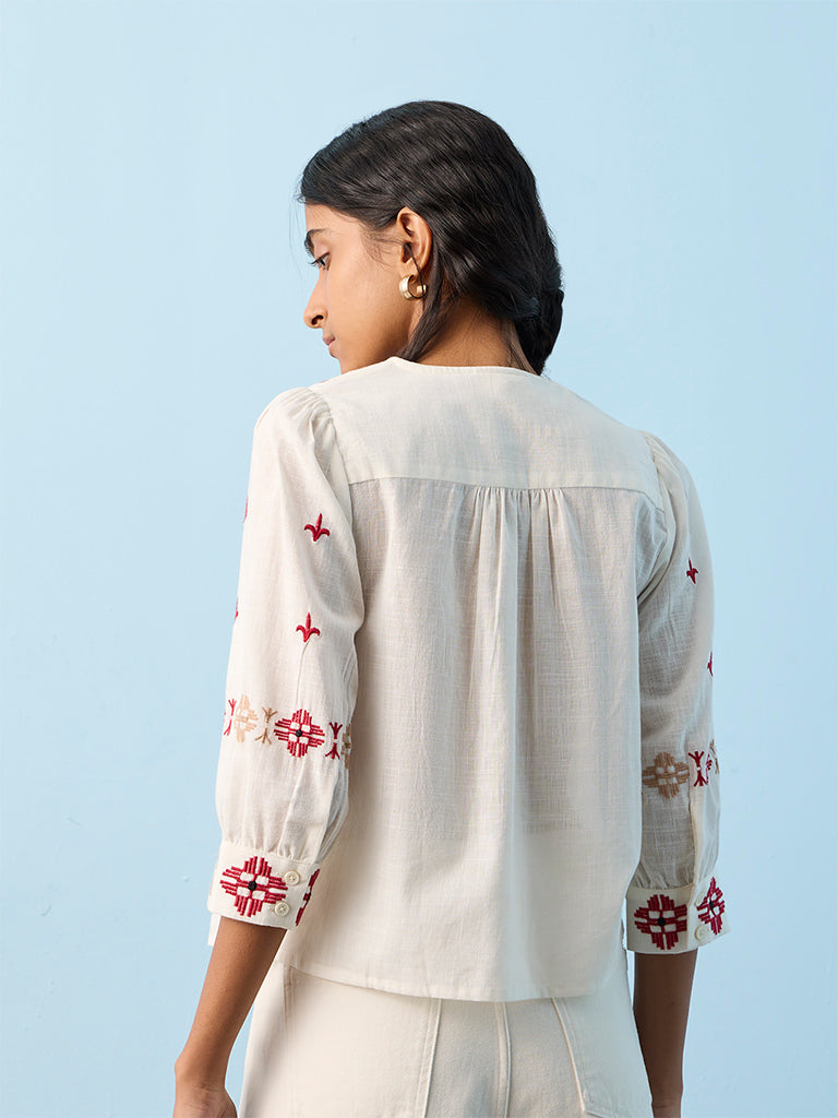 Bombay Paisley Off-White Embroidered Cotton Blouse