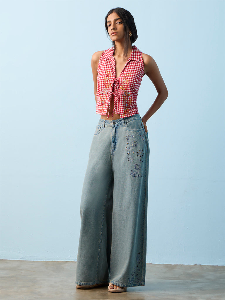 Bombay Paisley Red Gingham Checkered Cotton Top
