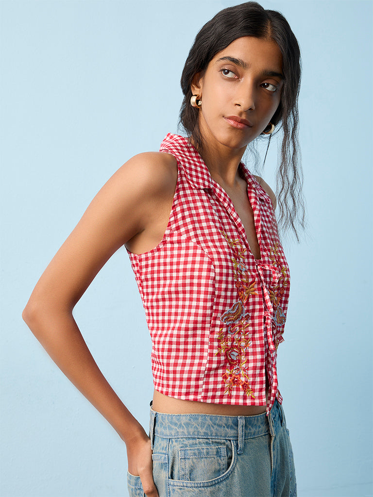 Bombay Paisley Red Gingham Checkered Cotton Top