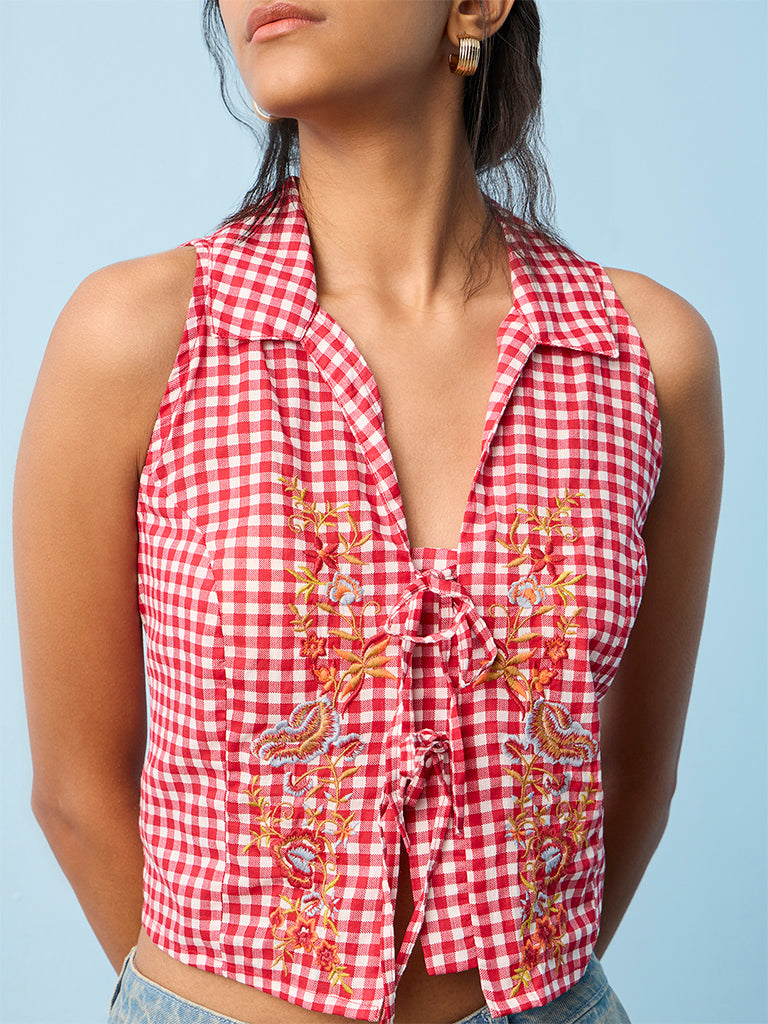 Bombay Paisley Red Gingham Checkered Cotton Top