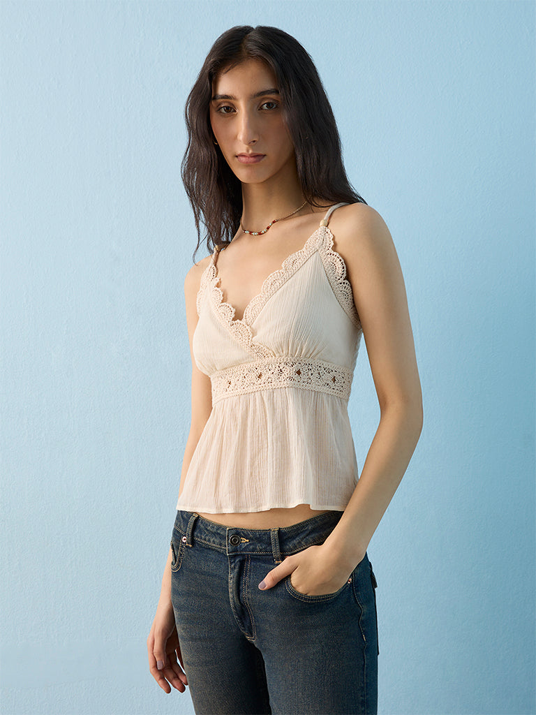 Bombay Paisley Off-White Crochet Detailed Cotton Top