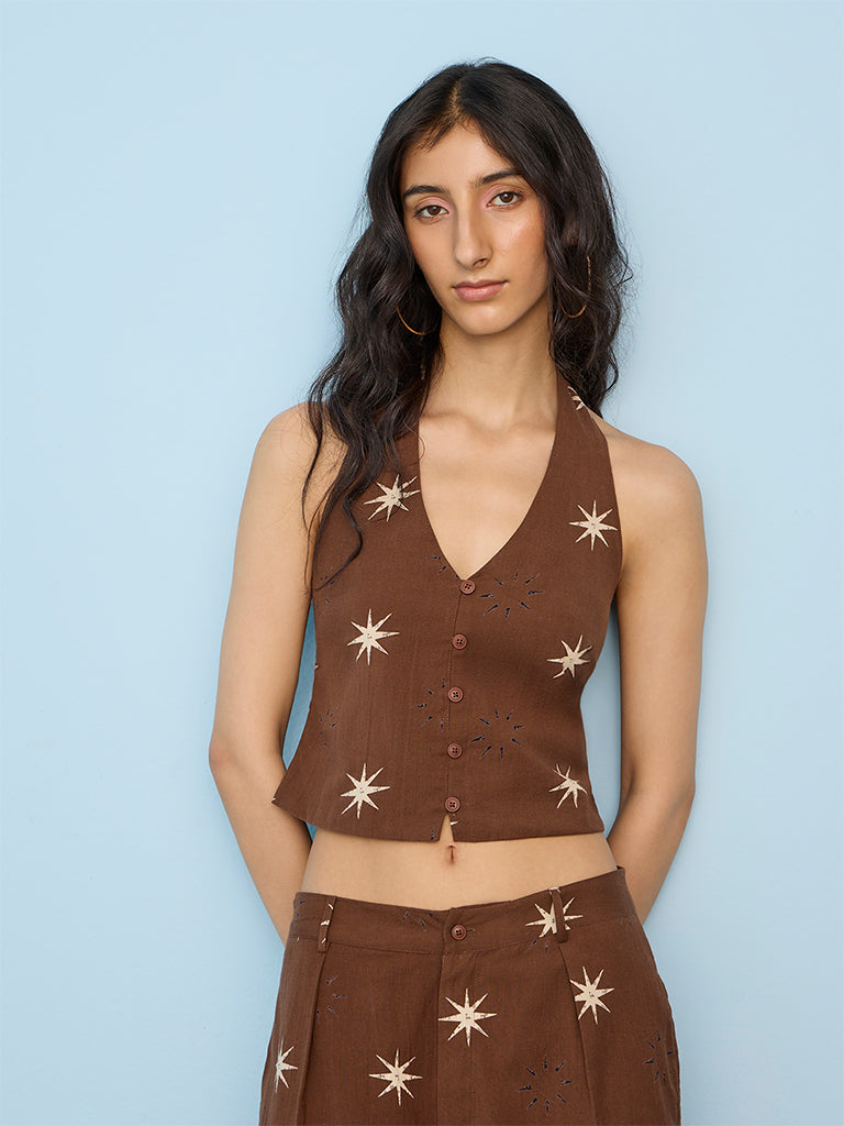 Bombay Paisley Brown Printed Cotton-Blend Top