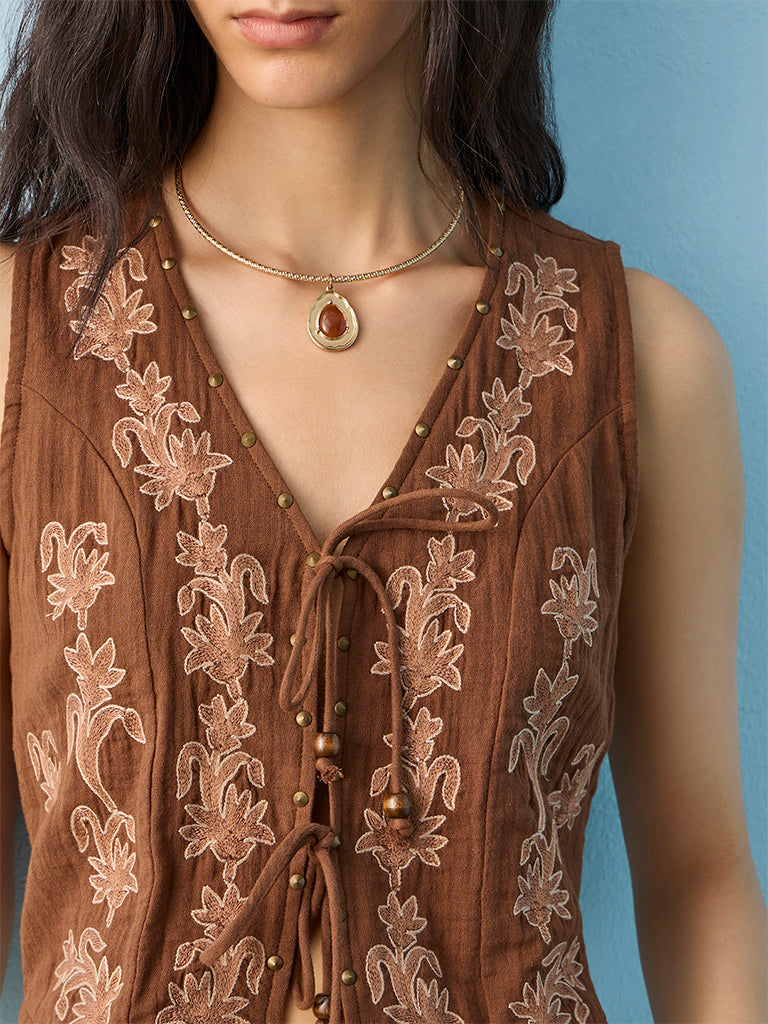 Bombay Paisley Brown Floral Embroidered Cotton Waistcoat