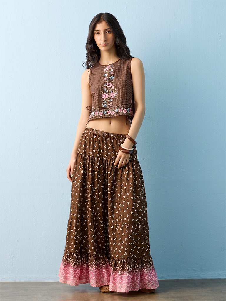 Bombay Paisley Brown Floral Printed Cotton Top
