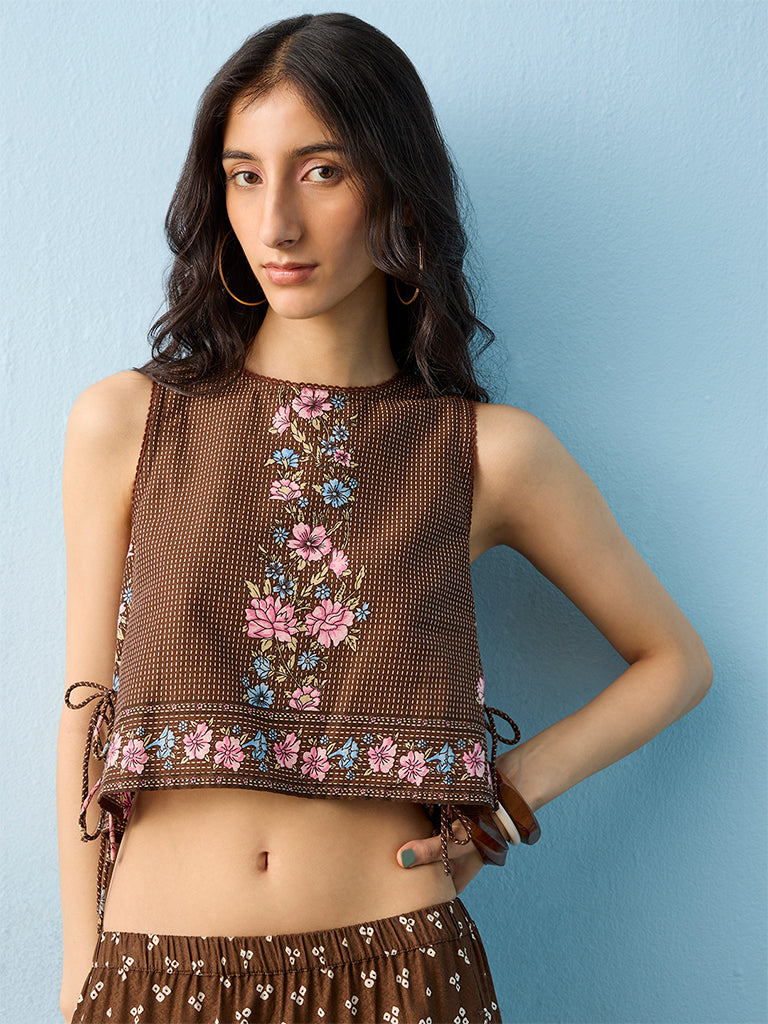 Bombay Paisley Brown Floral Printed Cotton Top