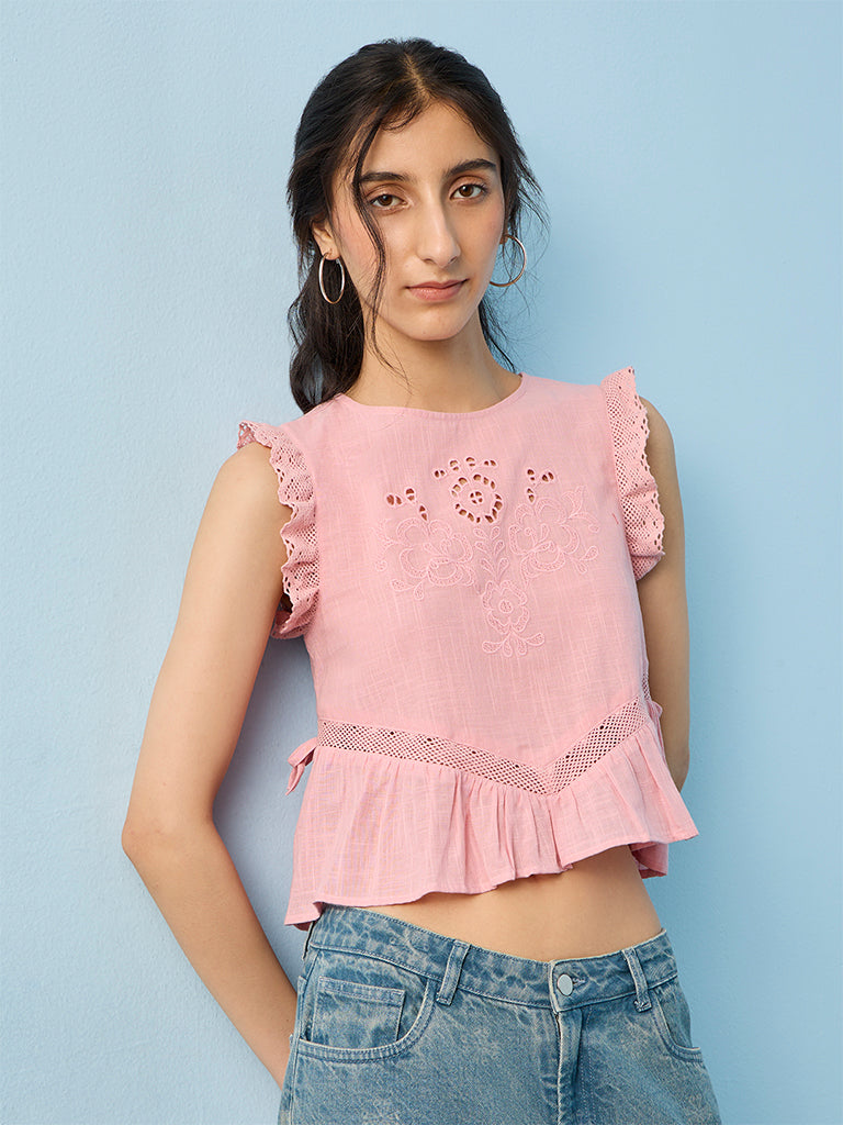 Bombay Paisley Pink Floral Embroidered Cotton Top
