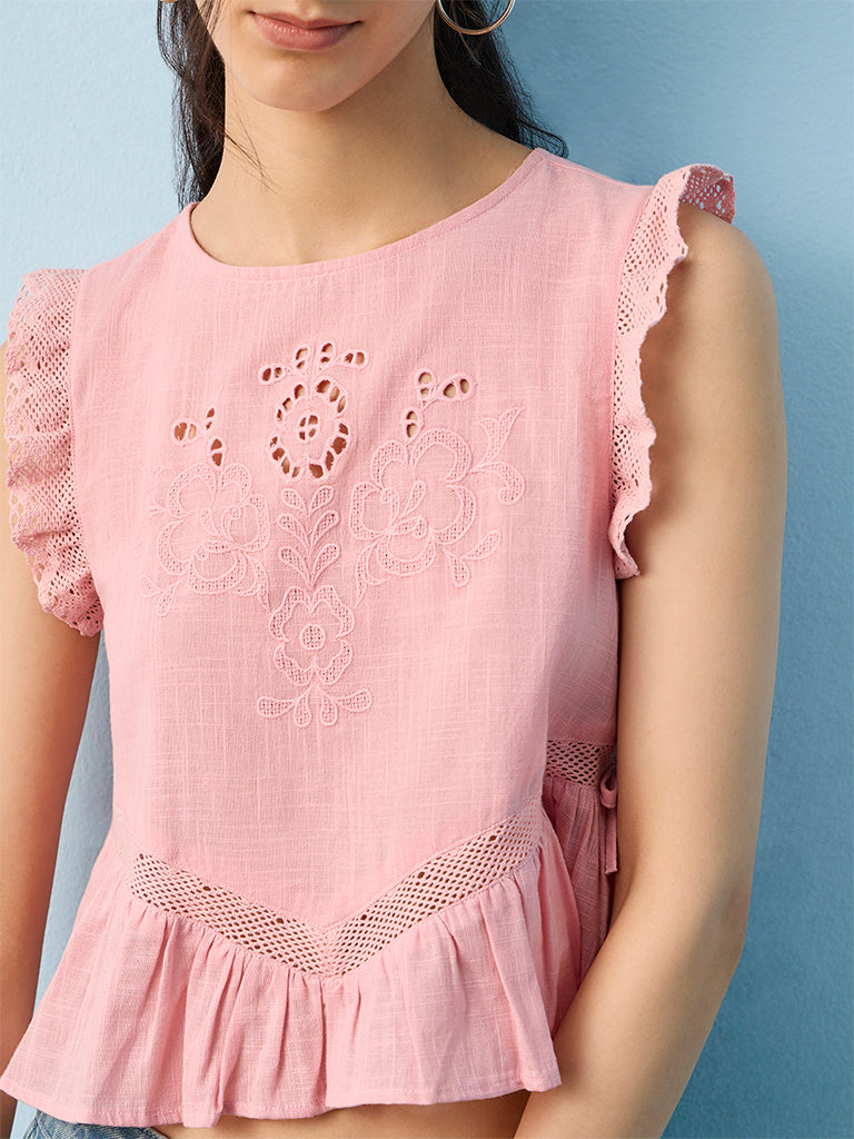 Bombay Paisley Pink Floral Embroidered Cotton Top