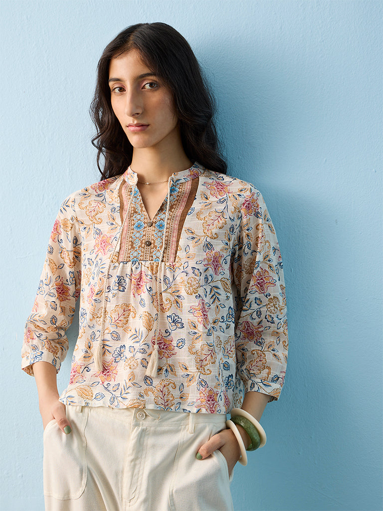 Bombay Paisley Off-White Floral Printed Cotton Blouse