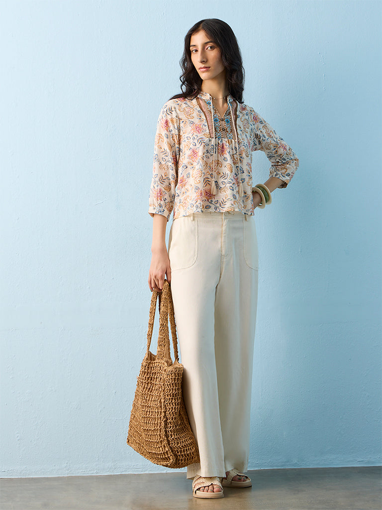 Bombay Paisley Off-White Floral Printed Cotton Blouse