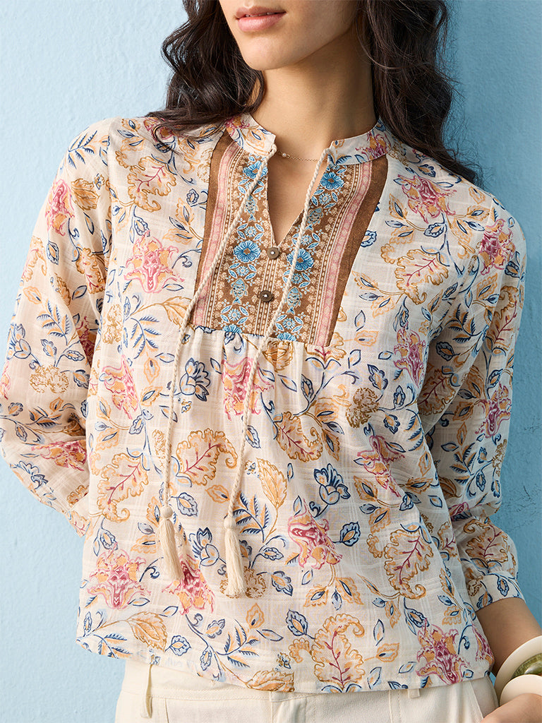 Bombay Paisley Off-White Floral Printed Cotton Blouse