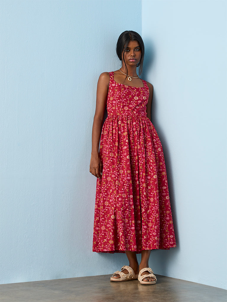 Bombay Paisley Red Botanical Pattern Cotton A-Line Dress