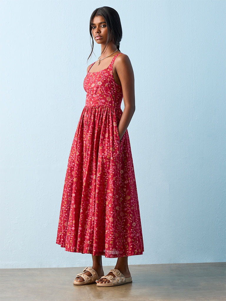Bombay Paisley Red Botanical Pattern Cotton A-Line Dress