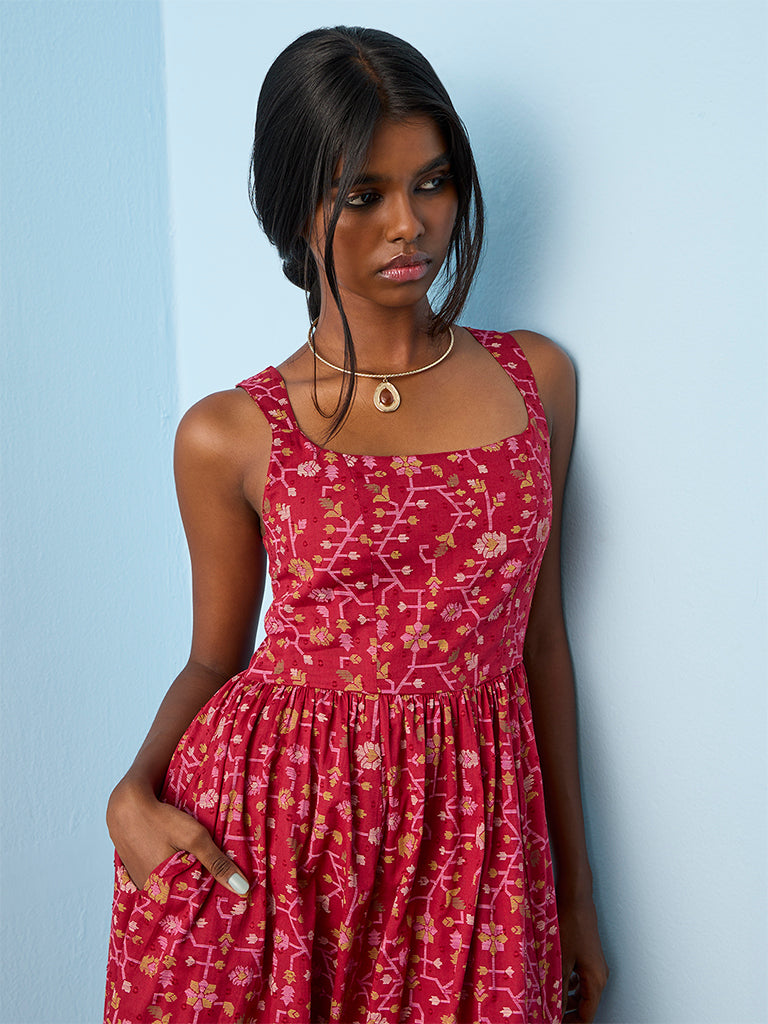 Bombay Paisley Red Botanical Pattern Cotton A-Line Dress
