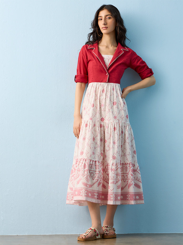 Bombay Paisley Off-White Floral Cotton Tiered Dress with Jacket