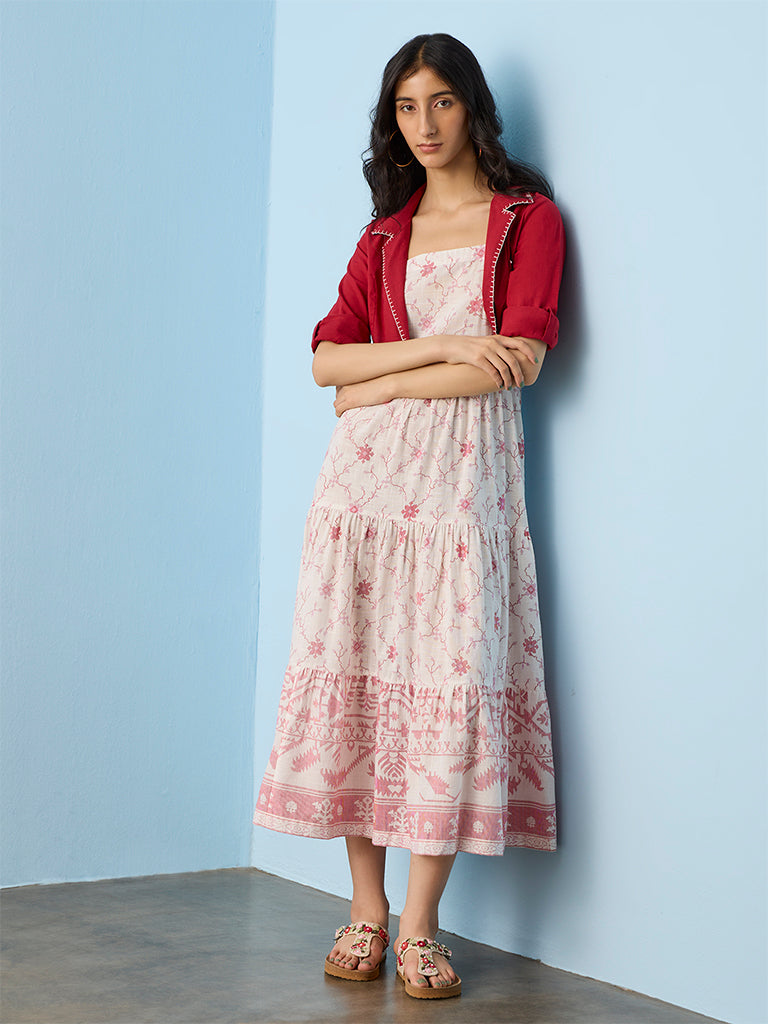 Bombay Paisley Off-White Floral Cotton Tiered Dress with Jacket