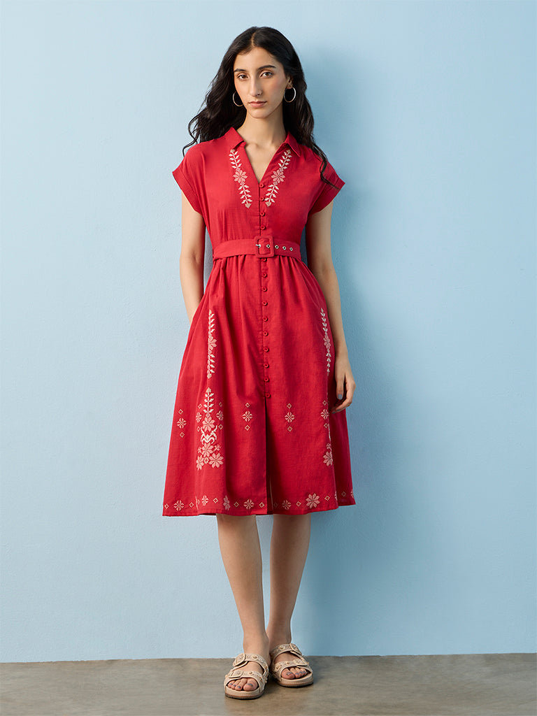Bombay Paisley Red Embroidered Cotton A-Line Dress with Belt