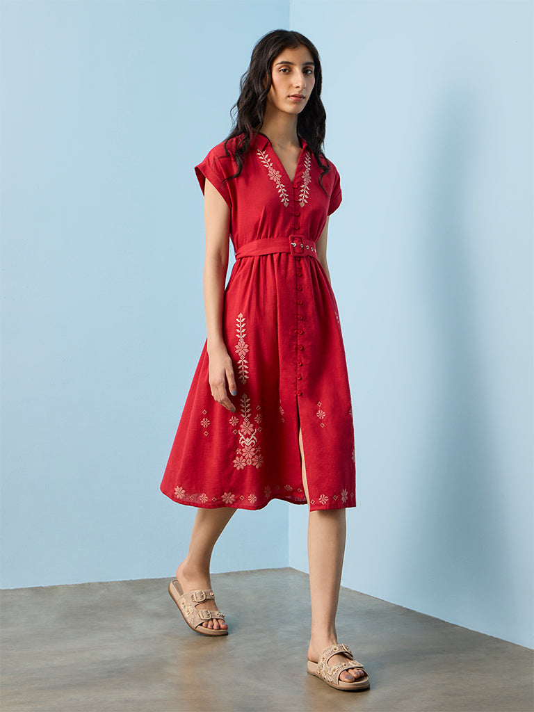 Bombay Paisley Red Embroidered Cotton A-Line Dress with Belt