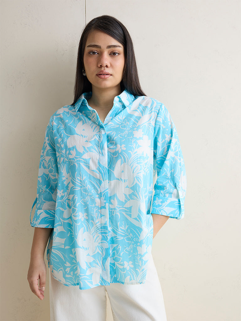 Gia Blue Botanical Printed Cotton Shirt