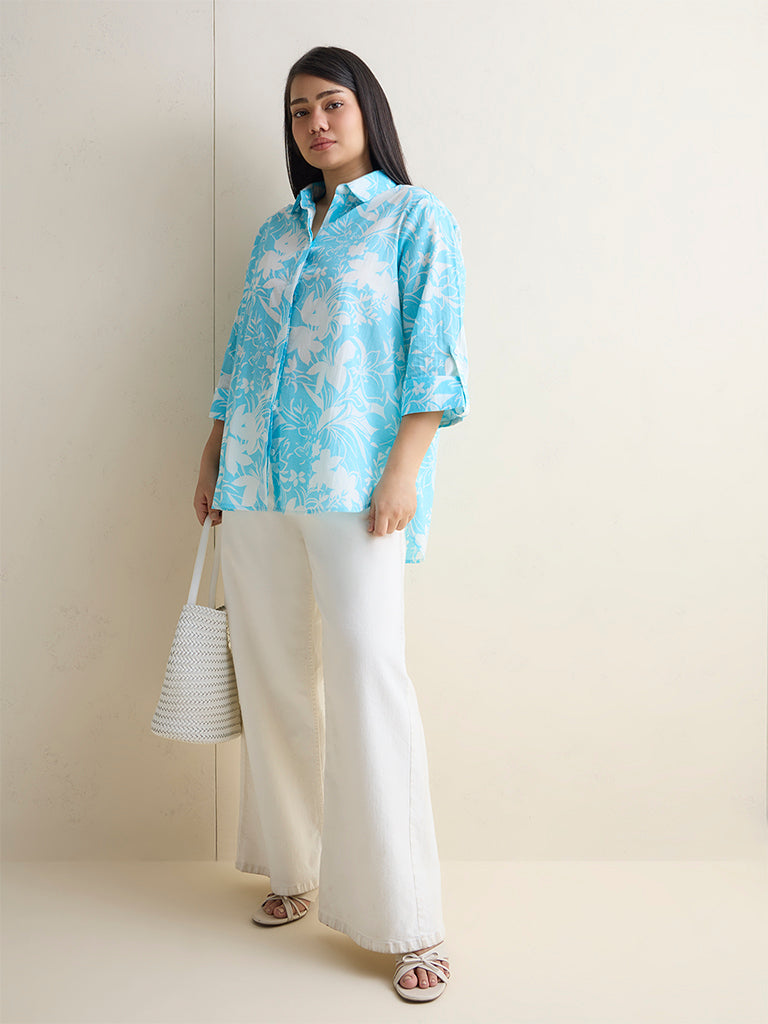 Gia Blue Botanical Printed Cotton Shirt