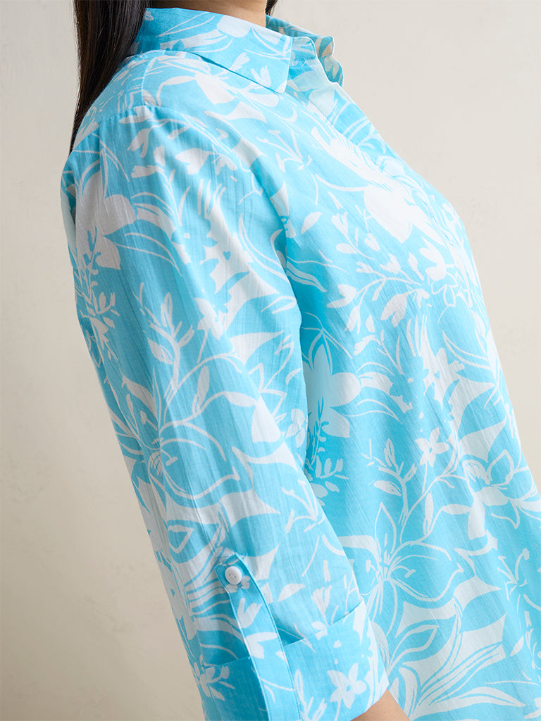 Gia Blue Botanical Printed Cotton Shirt