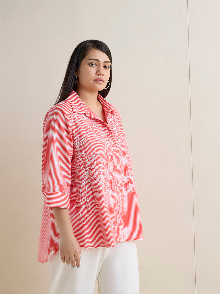 Gia Red Floral Embroidered High-Low Cotton Shirt